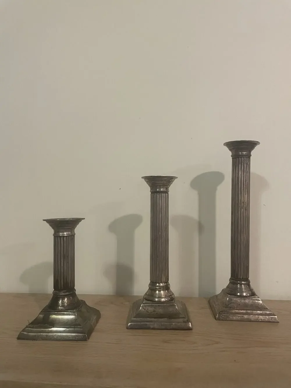 (Set of 3) VTG Graduated Silverplate Neoclassical Fluted Column Candlesticks